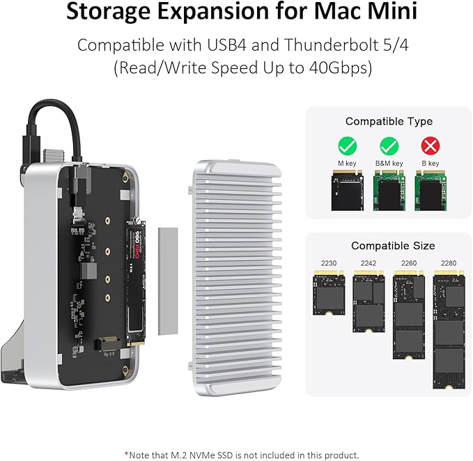 Qwiizlab 40Gbps Mac mini M4/M4 Pro Stand Hub with NVMe SSD Enclosure Docking Station with USB-C 10Gbps USB-A 10Gbps TF/SD 4.0 Card Readers 312MB/s USB-A 2.0 Fits M.2 PCIe up to 8TB