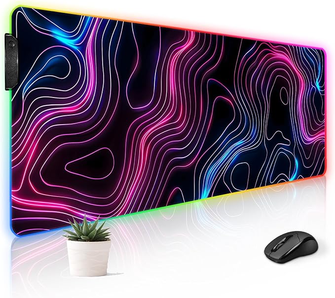 RGB Mousepad LED Desk Mat Gaming Large Keyboard Cute Desktop Computer Laptop 14 Light XXL Long Giant Big Cool Modern Design Unique for Men Boys Gamer Oversized Wide 30x12'' Mousepad Topo