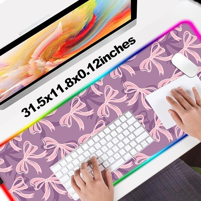 RGB Pretty Purple Bows Gaming Desk Mat Computer Keyboard Large Extended Long Girly LED Mouse Pad for Office and Home XL (W15)