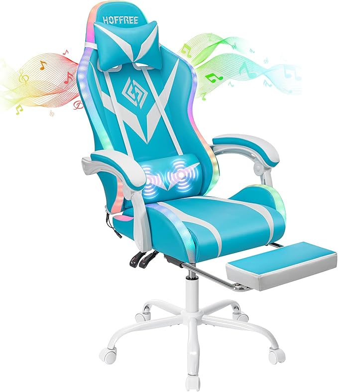 HOFFREE Gaming Chair Massage with Bluetooth Speakers and Led Lights Ergonomic Computer Gaming Chair with Footrest Cute Video Game Chair for Gaming Room Light Blue and White