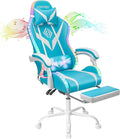 HOFFREE Gaming Chair Massage with Bluetooth Speakers and Led Lights Ergonomic Computer Gaming Chair with Footrest Cute Video Game Chair for Gaming Room Light Blue and White