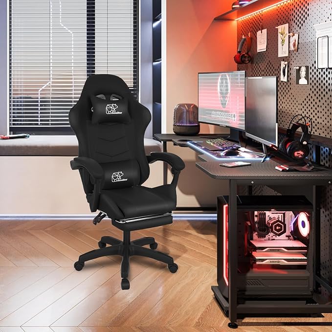 BorealBear Gaming Chair Office Chair Reclining High-Back PU Leather Computer Desk Chair with Headrest and Lumbar Support Suitable for Gaming Chairs Office Storage Office Shelving and More（Black）