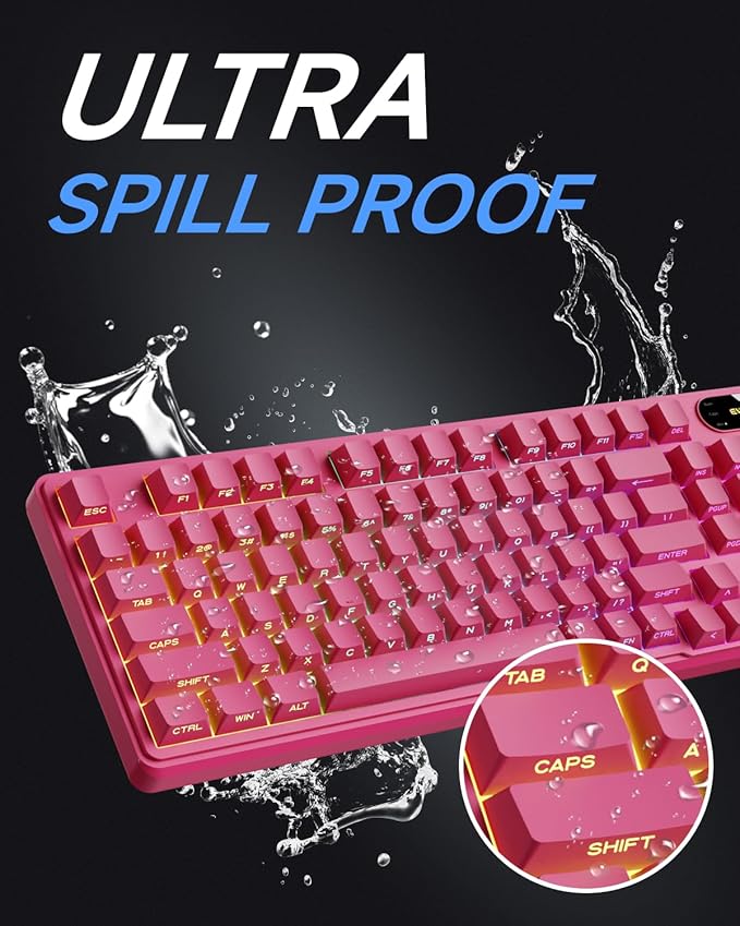 V102 Wired Keyboard 98 Keys Creamy Gaming Keyboard with Number Pad Display Screen &amp Media Knob RGB Silent Wired Cute Computer Keyboard for Laptop PC Gamer - Dark Pink