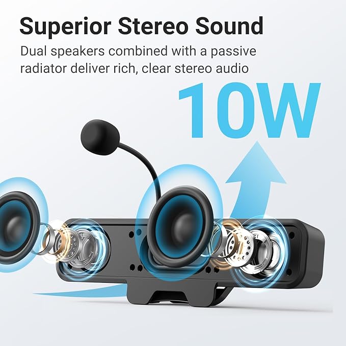INGA Computer Speakers with Detachable Mic Plug and Play Desktop Speakers One-Touch Mute Microphone Stereo &amp Bass Easily Clamps to Monitor Compatible with PC MAC Laptop