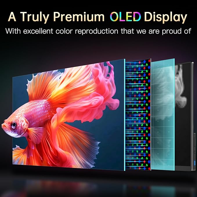 Portable Monitor OLED 4K 3840×2400 14 Ultra Slim Travel Monitor 400+ Nits |100% DCI-P3 | 1000000:1 Contrast HDMI USB C External Monitors for Laptop Mabook PC