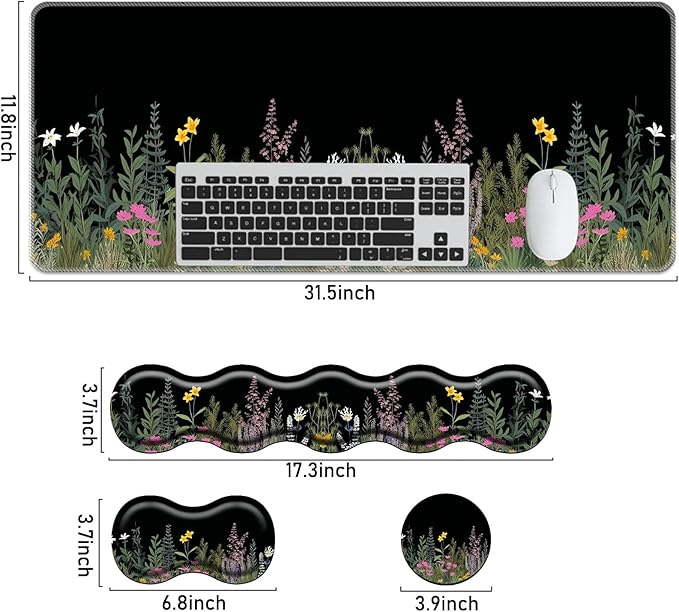 Keyboard Mouse Pad SetLarge Mouse Pad+Keyboard Wrist Rest+Wrist Support+Coaster31.5x11.8in Extended Desk Mat for Computer Laptop Office Home - Weeds