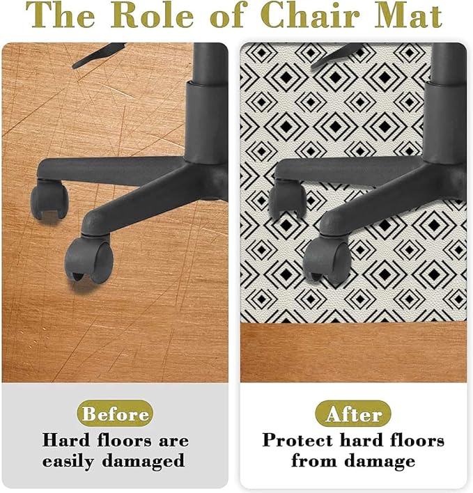 Black White PU Leather Floor Protector Office Chair Mat Round mat Geometric Vertical Square Shaped Gaming Chair Mat Protects Hardwood Floors Chairs Move Smoothly Abstract Diameter 35.4 in
