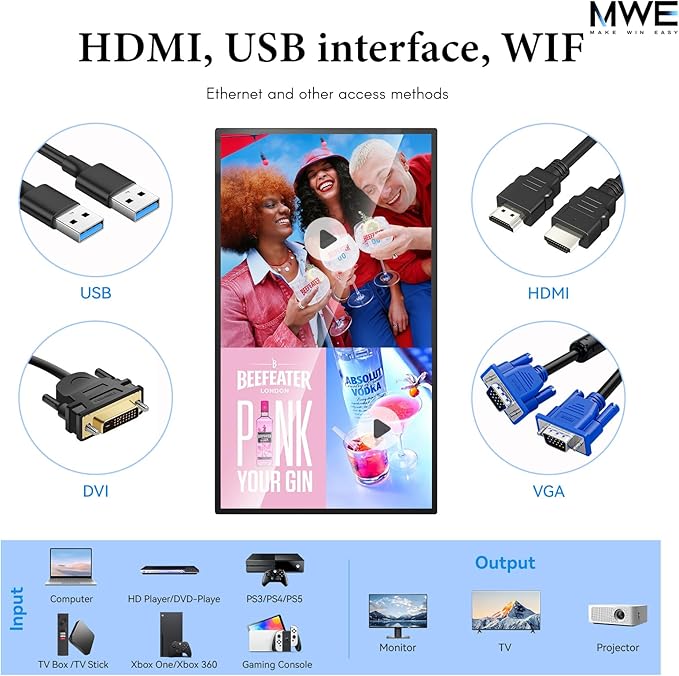 MWE 21.5 inch Wall Mount Digital Signage FHD Touchscreen Monitor Android 14 Multi-Touch Screen Smart Split Commercial Advertising Display Time Switch CMS Management HD-MI/ USB/ WiFi/ for Windows
