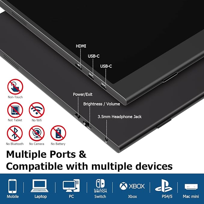 DHPL15.6 Inch Portable Monitor for Laptop - FHD 1080P IPS Anti-Glare Screen Dual USB-C/HDMI Built-in Speakers VESA Holes - Travel Screen Extender Compatible with Laptop PC Phone PS4/5 Switch