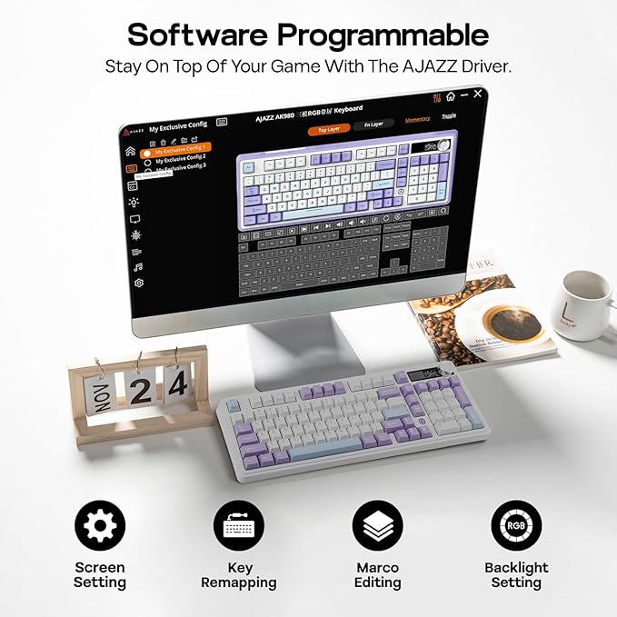 MechLands AJAZZ AK980 V2 Mechanical Gaming Keyboard with Display Screen 10000mAh Battery 98% Wireless Keyboard with BT/USB-C/2.4GHz Hot Swappable Knob RGB for Win/Mac (White Gift V2 Switch)