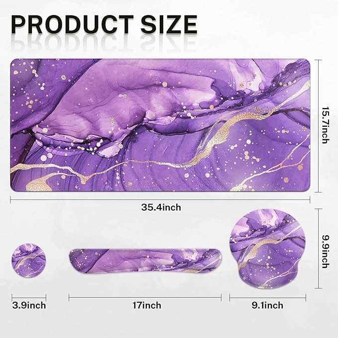 Arttown Purple Gold Marble Desk Mat Abstract Marble Mouse Pad Set 4 in 1 Ergonomic Design Large Mousepad + Keyboard Wrist Rest + Mouse Wrist Rest + Coaster Suitable for Home Office Study Game