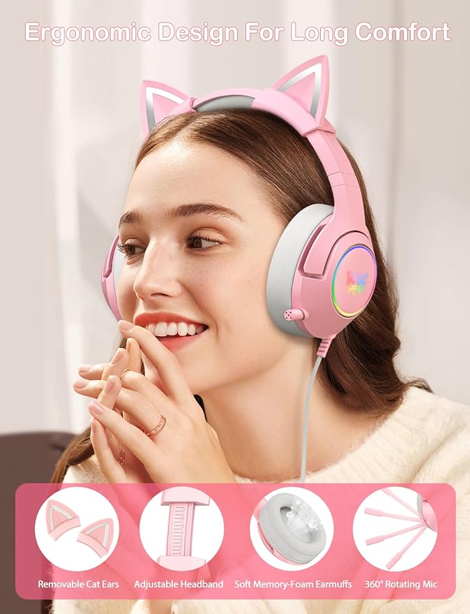 Cat Ear Gaming Cute Headset Wired Over-Ear Headphones with Retractable Microphone Surround Sound LED Backlight for PS4 PS5 PC Mobile Phone (Light Pink)