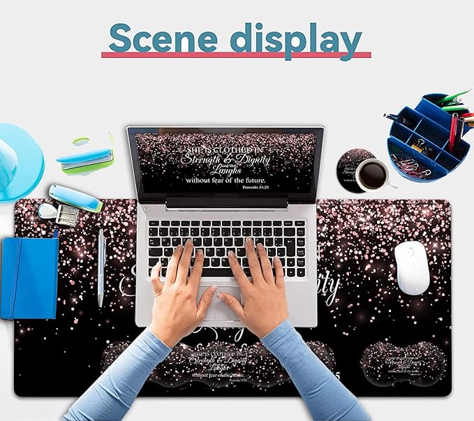 Large Mouse PadErgonomic Mouse Wrist Support+Keyboard Wrist Rest Set+Extended Gaming Mouse Pad Proverbs 31:25 Bible Rose Gold Office Desk Mat Writing Mat Laptop Protector Accessories Black Desk Pad