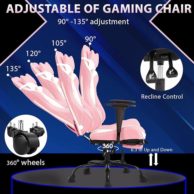PayLessHere Racing Gaming Chair Office Massage Chair Ergonomic Recliner with Computer Desk PU Leather Lumbar Support Footrest Rolling Swivel and Task Function Ultimate Comfort for Adults (Pink)