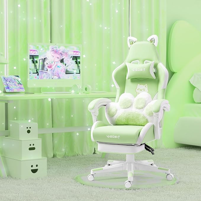 Green Gaming Chair with Cat Ears &amp Cute Paw Lumbar Pillow Ergonomic Racing Style Computer Chair with Footrest Reclining High Back PU Leather Video Gamer Chairs for Girls &amp Kids &amp Adults