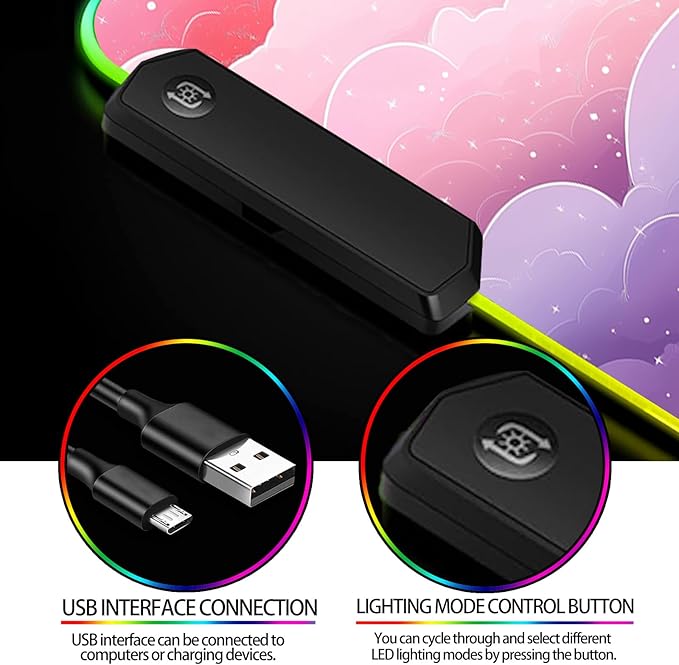 RGB Dreamy Colorful Cloud and Star Gaming Desk Mat Computer Keyboard Large Extended Long Girly LED Mouse Pad for Office and Home XL (W08)