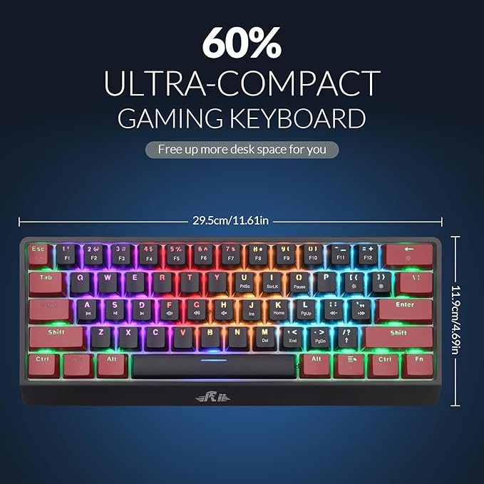 Rii RK806 60% Mechanical Gaming Keyboard61 Keys Compact Wired Keyboard with RGB BacklightClicky Blue SwitchAnti-ghostingfor Windows Laptop PC Mac(Black&ampRed)