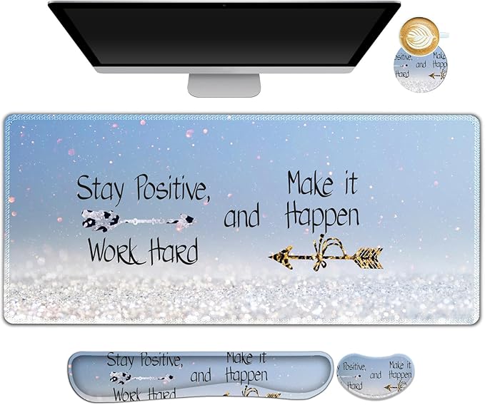 Desk Mat Gaming Mouse Pad Wrist Rest Support Combo XXL Large Mousepad + Keyboard Wrist Support +Mouse Wrist Rest+Coaster Set with Ergonomic Design 4in1 for Home Office Stay Positive Blue