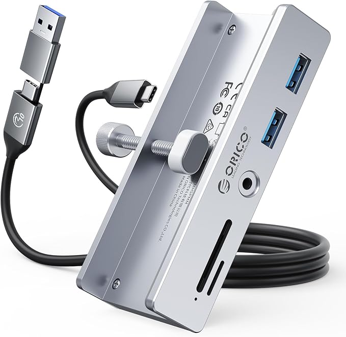 ORICO USB Hub 3.0 Clamp USB Hub with Extra Power Port Aluminum USB C Adapter with 2 USB-A Data Ports3.5mm AUX SD/TF Card Reader for Desktop(Silver)