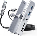 ORICO USB Hub 3.0 Clamp USB Hub with Extra Power Port Aluminum USB C Adapter with 2 USB-A Data Ports3.5mm AUX SD/TF Card Reader for Desktop(Silver)