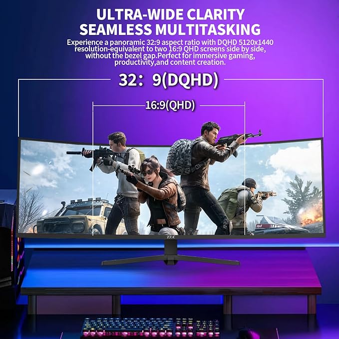 ZZA 49 Inch UltraWide Curved Gaming Monitor 5120×1440 DQHD 1500R 165Hz AMD FreeSync 120% sRGB Height Adjustable HDMI 2.1 &amp DP 1.4 VESA Mount – Black