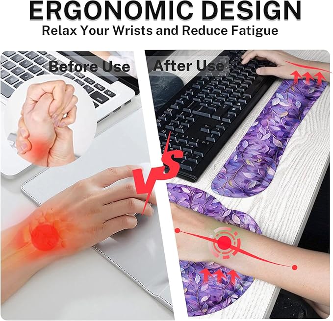 Britimes Purple Oil Painting Leaves Keyboard Mouse Pad Set Plant 4in1 Large Mousepad+Keyboard Wrist Rest+Mouse Wrist Rest+Coaster Ergonomic Design for Home Office Computer 35.4x15.7 inches