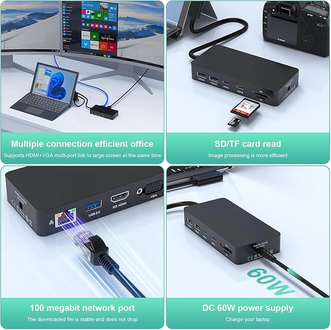 Docking Station Ms Triple Display (2 HDMI 4K+VGA) Dock Accessories for Sf Pro 9/8/X/7/6/5/4/3 Book 3/2/1Laptop go/5/4/3/2
