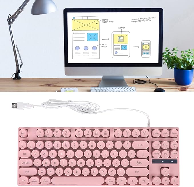 Yunseity 87 Keys Typewriter Mechanical Gaming Keyboard Colorful Backlit Retro Punk Round Keycaps Keyboard Anti Ghosting Hot Swap USB Wired Keyboards for Gamers Typists ()