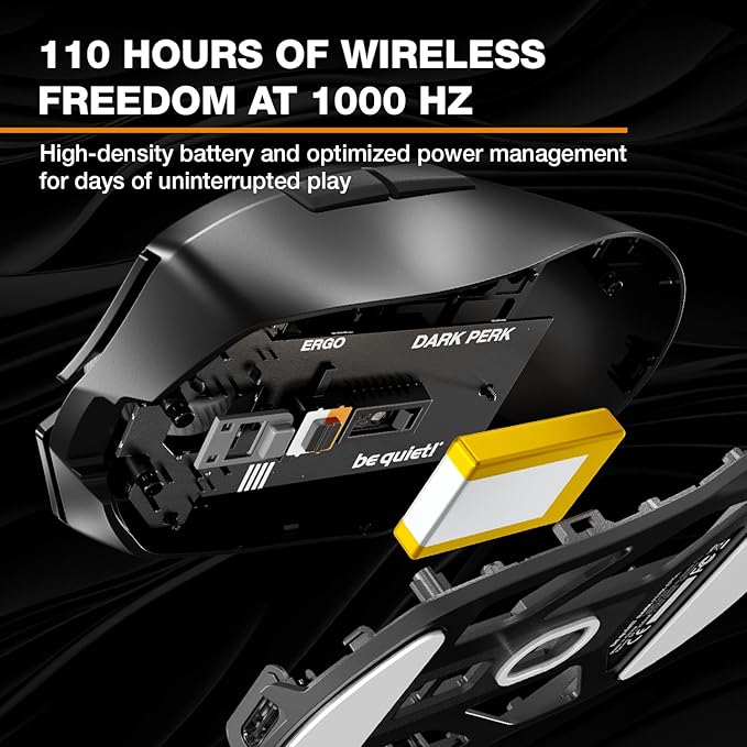 be quiet! Dark Perk Ergo PC Gaming Mouse 55g Lightweight Ultra-Long Wireless Battery Life 8000Hz Polling Rate PixArt PAW3950 Sensor 32000 DPI Optical 70m switches 100% PTFE Glide Skates