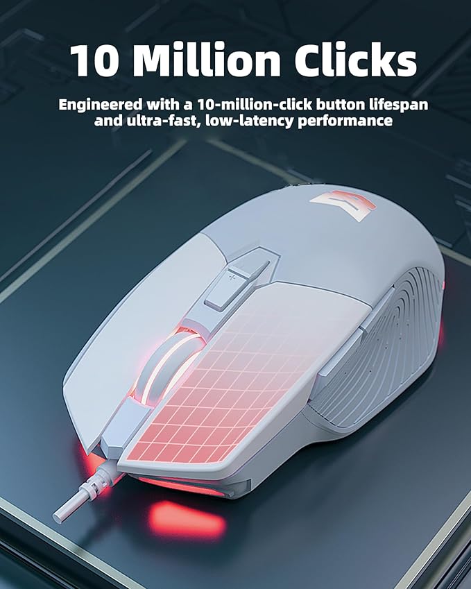 Gaming Mouse Ergonomic Wired Gaming Mouse 7200 DPI Optical Sensor Adjustable USB C RGB LED Backlit Gaming Mice with 7 Programmable Buttons Plug Play High-Precision for PC Laptop Blue White