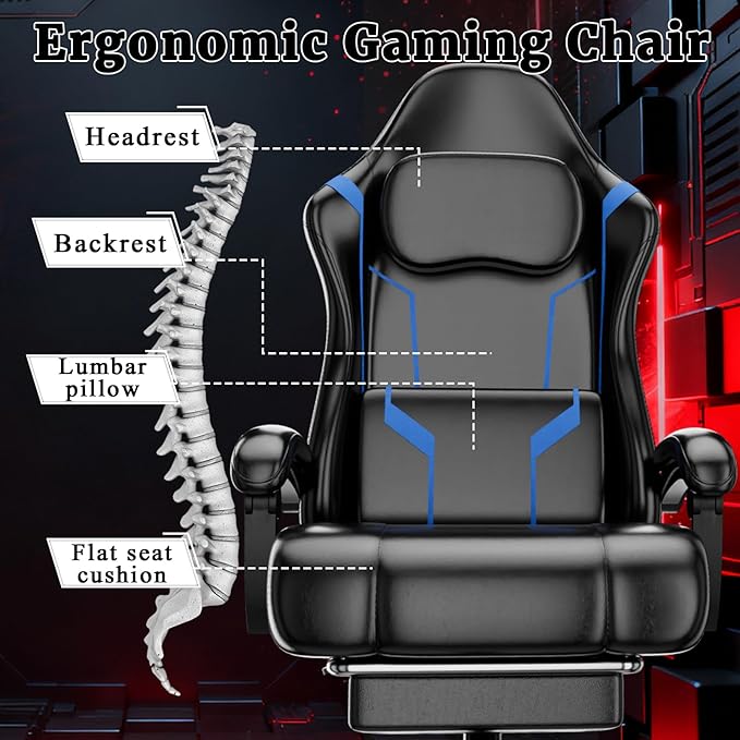 Gaming Chair with Pocket Spring Cushion and Footrest Ergonomic Computer Chair for Adults Breathable PU Leather Game Chair Adjustable Headrest and Lumbar Support Office Desk Chair