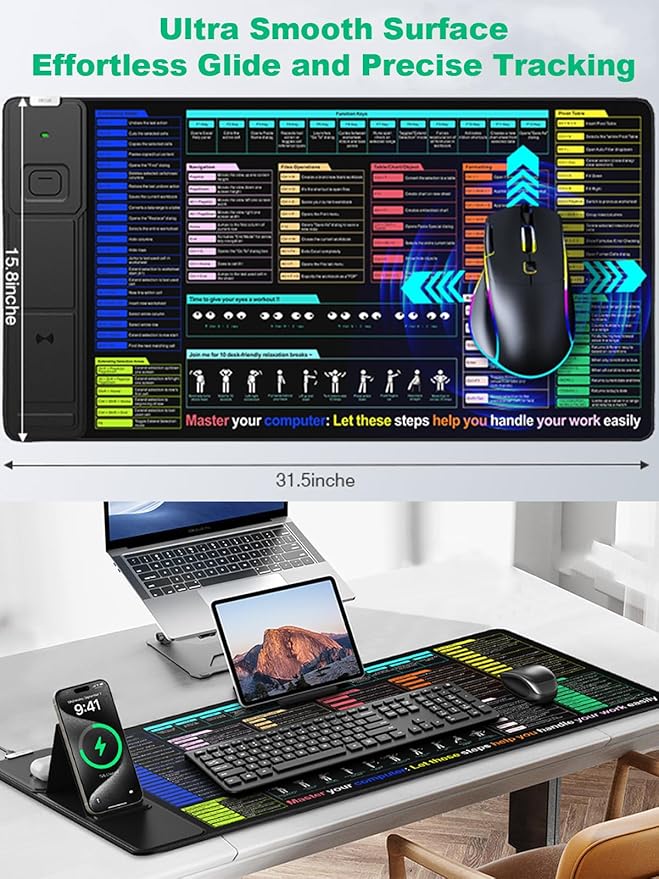 Mouse Pad with Foldable Phone Holder Wireless Charging Desk Mat with Excel/Word/PowerPoint/Windows Shortcut Keys 31.5x15.8 Large Mousepad XXL Desk Pad with Non-Slip Waterproof