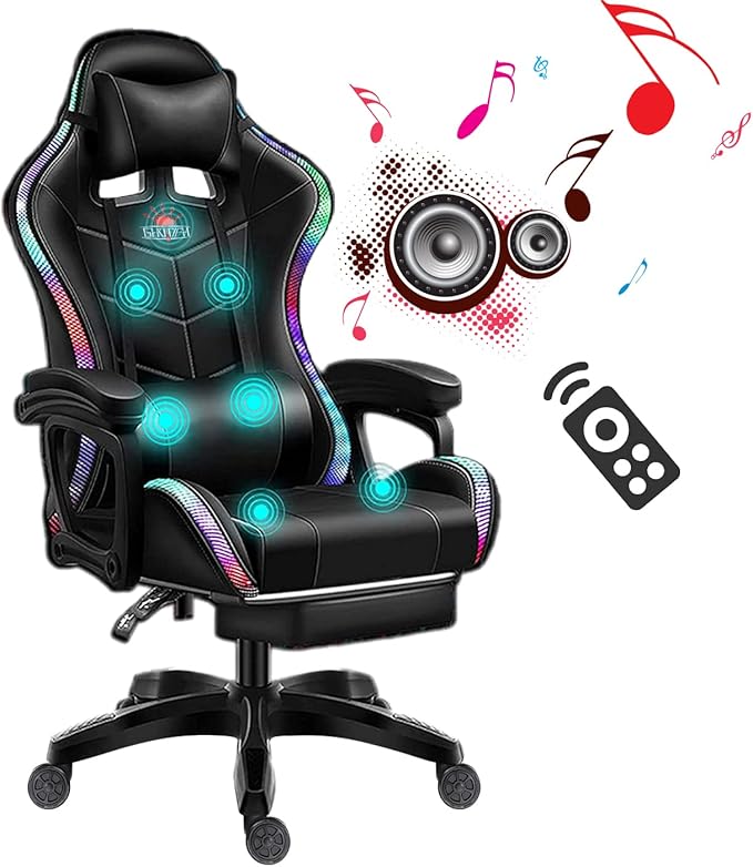 Computer Gaming Chair with Bluetooth Speakers RGB LED Lights Ergonomic Gamers Desk Chair Music Video Office Chair for Aldultsgaming chair with footrestMassage Gaming ChairHigh Back Gam