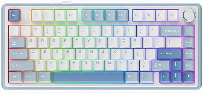 EPOMAKER x Aula F75 Gasket Mechanical Keyboard 75% Wireless Hot Swappable Gaming Keyboard with Five-Layer Padding&ampKnob BT/2.4GHz/USB-C RGB (Sea Salt Blue Ice Vein Switch)