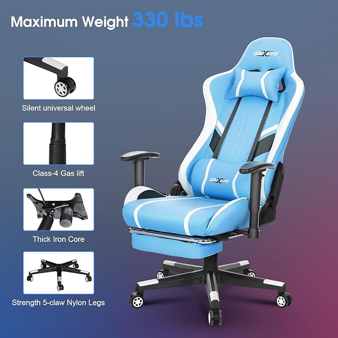 Gaming Chair Massage PC Gaming Chair Office Chair Ergonomic Computer Chair with Rolling Swivel Task Chair Lumbar Support Footrest Headrest Light Blue