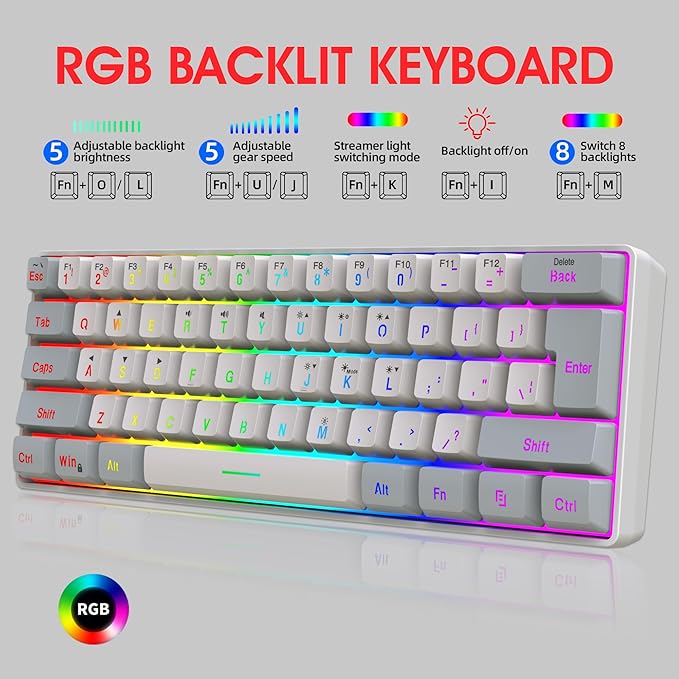 Snpurdiri 60% Wired Gaming Keyboard 61 Keys RGB Backlit Small Gaming Keyboard for PC/Mac Gamer Typist Travel Easy to Carry on Business Trip(Grey-White)
