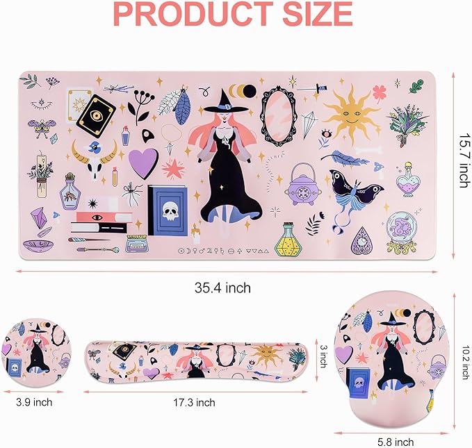 Petmolico Mouse Pad Set with Computer Keyboard Desk PadMouse Pad with Wrist RestTyping Wrist Pad and Cup CoastersErgonomic Design for Typing Pain Relief [PinkHalloween]