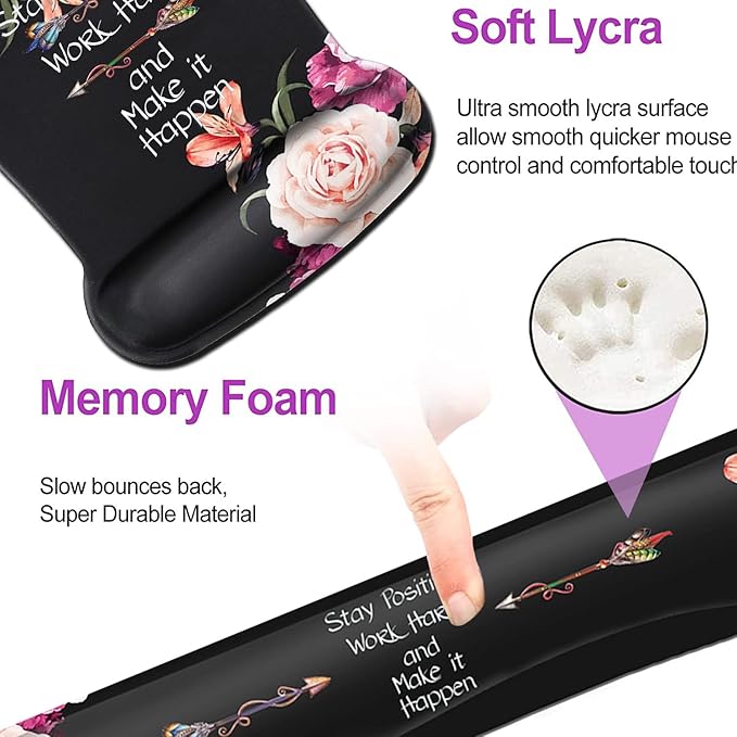 Keyboard Wrist Rest Pad and Ergonomic Mouse Pad Wrist Support Set Peony Flower Stay Positive Work Hard and Make It Happen for Gaming Office Comfortable and Pain Relief with Coaster Set