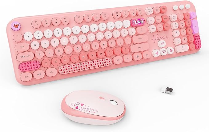 FOPETT Wireless Keyboard and Mouse Combo - 2.4G Full-Sized Cute Colorful Retro Keyboard with Round Keycaps 104 Keys Typewriter Keyboard for Laptop/Windows/PC-Pink Colorful