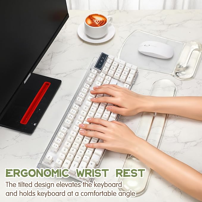 Tilt Computer Keyboard Stand Gel Wrist Rest Support for Ergonomic Keyboard Riser Holder and Clear Mouse Pad with Wrist Support Acrylic Clear Stand for Office Working Home Desk