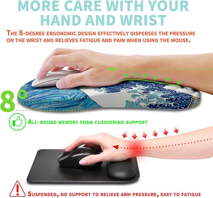 Ergonomic Mouse Pad Wrist Support with Memory Foam Massage Bulge Carpal Tunnel Pain Relief Mousepad Wrist Rest for Mouse(12x8 inchWave Starry)