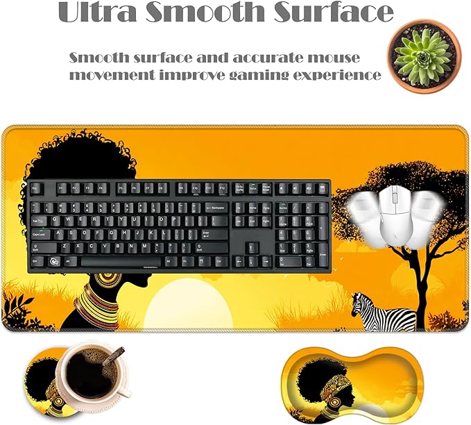 Ergonomic Keyboard Wrist Rest &amp Mouse Pad Wrist Rest SetXL Gaming Desk Mat 31.5x 11.8Non-Slip BaseMemory FoamEasy Typing Pain Relief for Office &amp HomeAfrican Woman Sunset Art