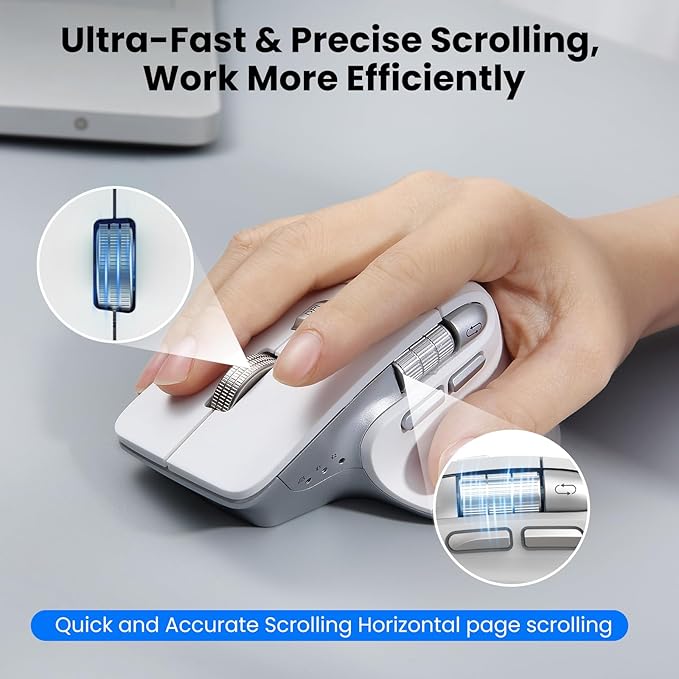 Wireless Bluetooth Mouse Ergonomic Rechargeable Silent Mouse with Multi-Device Adjustable DPI Flying Scroll &amp Thumb Wheel Bluetooth Mice for Laptop Computer Tablet Smartphone (White)