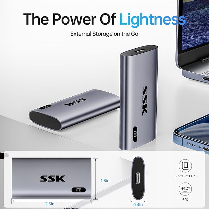 SSK 1TB SSD External Hard Drive Portable SSD Up to 550MB/s Fast Solid State Drives External Drive USB 3.2 Gen2 for iPhone 15/Pro Windows Mac Android with LED Light Trim SMART Supported