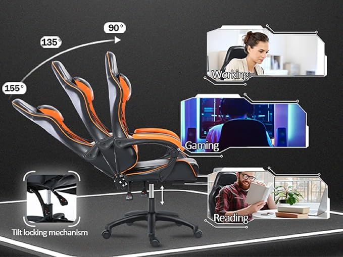 Gaming Chair - Premium Gaming Chairs for Adults Adjustable Video Game Chairs Comfy Gamer Chairs for Adults Uniquely Designed VTech Gaming Office Silla Gamer (Black+Orange)