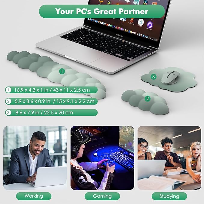 MoKo Cloud Wrist Rest Ergonomic Cloud Keyboard Wrist Rest with Mouse Rest Wrist Pad Durable Polyester Cloud Arm Rest Wrist Pad for Keyboard and Mouse for Office Gaming Computer Laptop Green