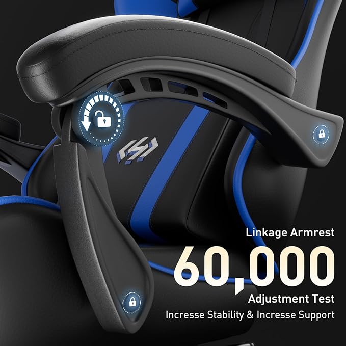 HLDIRECT Gaming Chair Ergonomic Computer Office Chair with Lumbar Support Footrest Headrest PU Leather 360° Swivel Adjustable Height Metal Frame 200 lbs Capacity (Black&ampBlue)