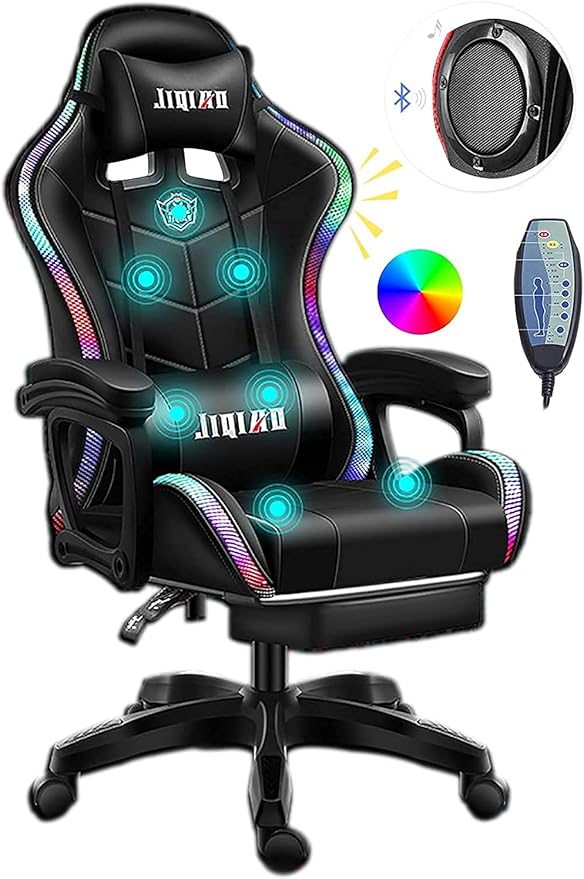 Gaming Chair with Bluetooth Speakers Video Game Chairs Gaming Lights- Ergonomic Massage Gaming Chair Full Massage Lumbar Support Adjustment of Backrest Dual Gaming Chair…