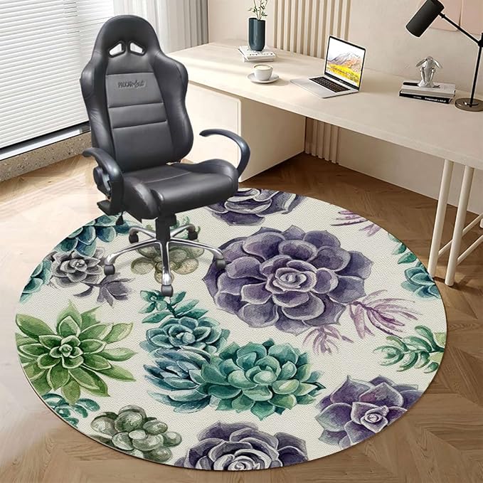 Green PU Leather Chair Mat for Hardwood Floor Anti-Slip Floor Protector Cute Succulents Flower Desert for Home/Office Rolling Chair and Computer Desk Hot Plant Artwork Diameter 55 in