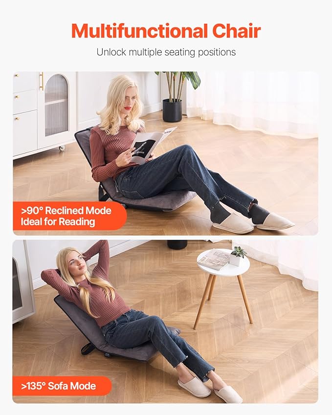 VEVOR Floor Chair 6-Position Adjustable Meditation Chair with Back Support Folding Sofa Chair for Reading TV Watching and Gaming Portable Floor Seat Lounge Sofa Chair for Kids Teens Adults Gray